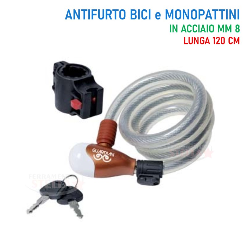 catena-antifurto-bici-022zjf-1.jpg Antifurto fune a spirale per bici o moto in acciaio da diametro mm 8 per cm 120 con supporto automatico - immagine 1