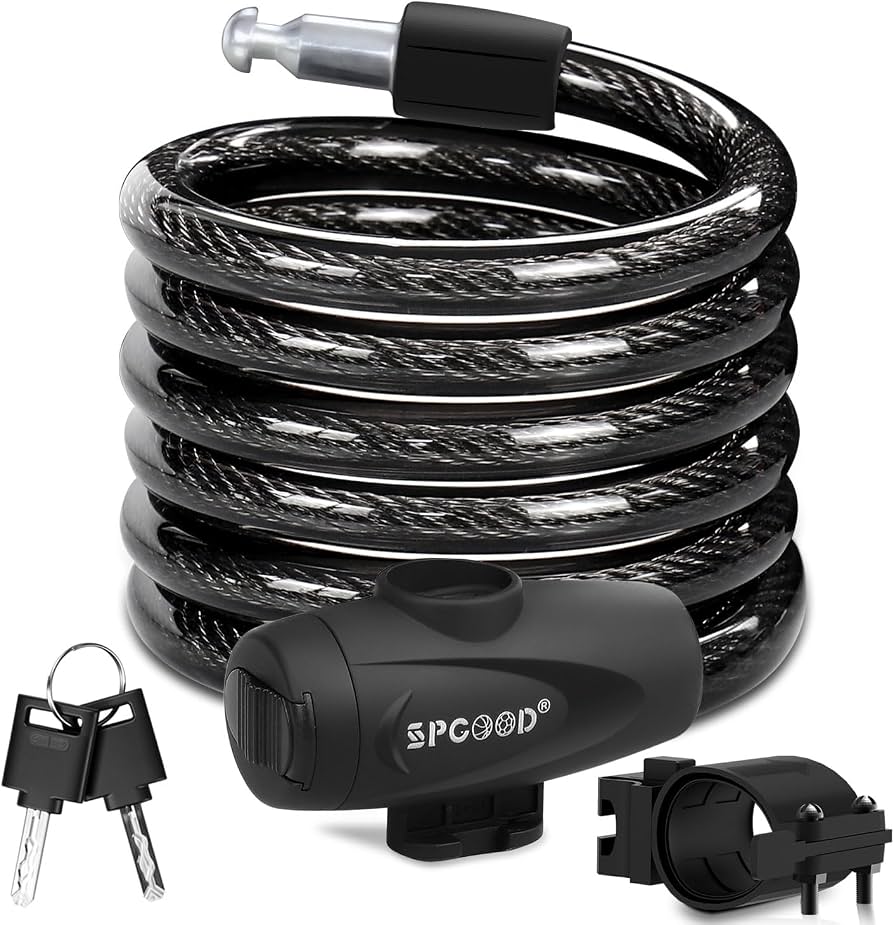 lucchetto-bici-migliore-393tnd-1.jpg SPGOOD Lucchetto bici con 2 chiavi, spessore 12 mm, lunghezza 120 cm(Nero) | Rivestimento in PVC, impermeabile e antiruggine, la staffa fissa il lucchetto alla bici, adatto per bici, e bike, monopattini : - immagine 1