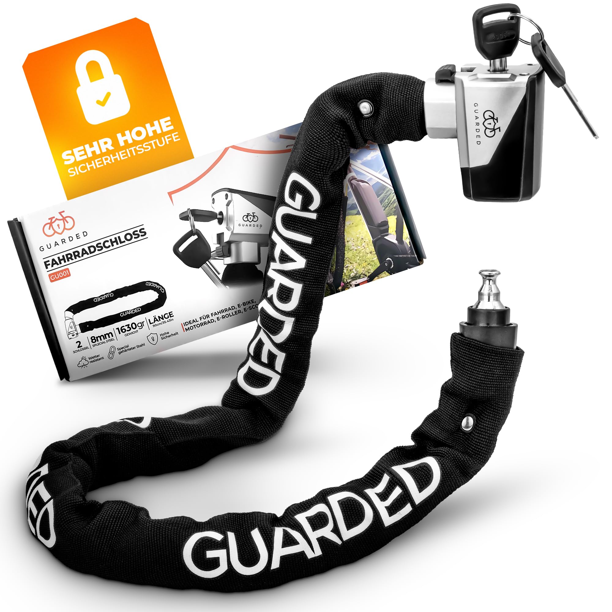 lucchetto-bici-migliore-668tzn-1.jpg GUARDED Lucchetto per bicicletta di alta qualità con chiave, catena in acciaio da 8 mm, alto livello di sicurezza, serratura antifurto, per scooter E, bici elettrica, scooter da città, moto : Amazon.it: - immagine 1