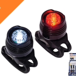 SET LUCI PER BICI, CON DUE LAMPADE ROTONDE, BIANCA E ROSSA, CON FUNZIONE FLASH