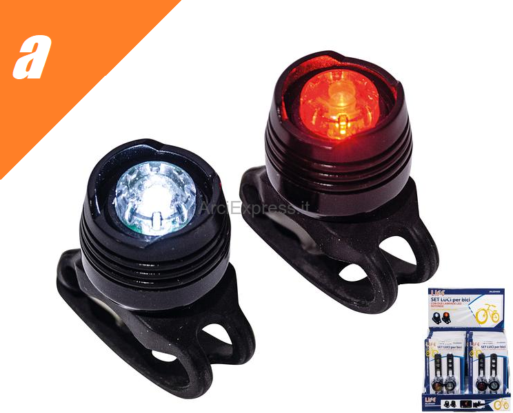 luci-per-bicicletta-481zwh.png SET LUCI PER BICI, CON DUE LAMPADE ROTONDE, BIANCA E ROSSA, CON FUNZIONE FLASH - immagine 1