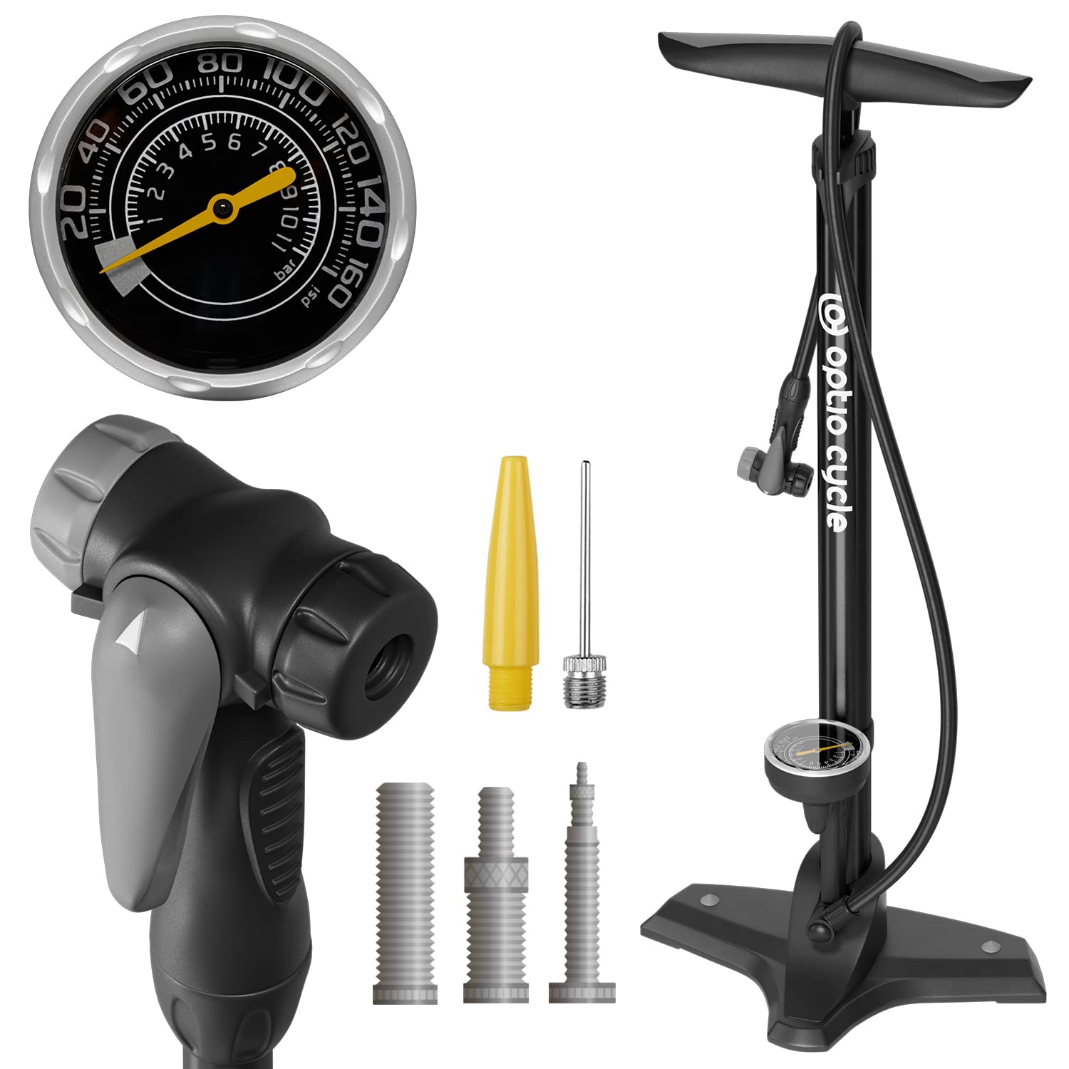 pompa-bici-da-corsa-070nuu-1.jpg Optio Cycle Pompa Bicicletta da Pavimento – Pompa Bici con Manometro fino a 11 Bar/160 PSI - immagine 1