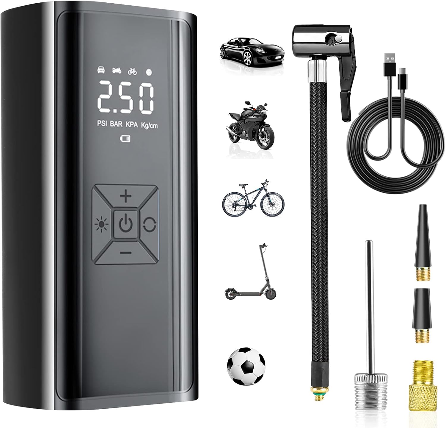 pompa-bici-portatile-309bvf-1.jpg Pompa elettrica da 6000 mAh, compressore portatile da 150 PSI per bici, auto e palloni - immagine 1